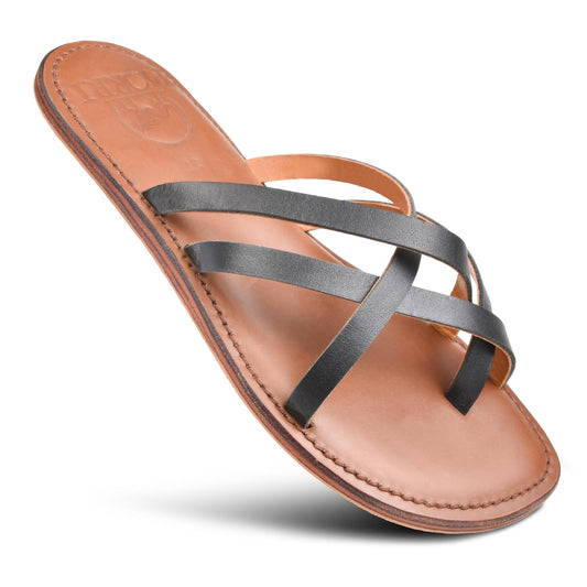 Piorri Dione Women's Leather Split Toe Strappy Slide Sandals - LK2107