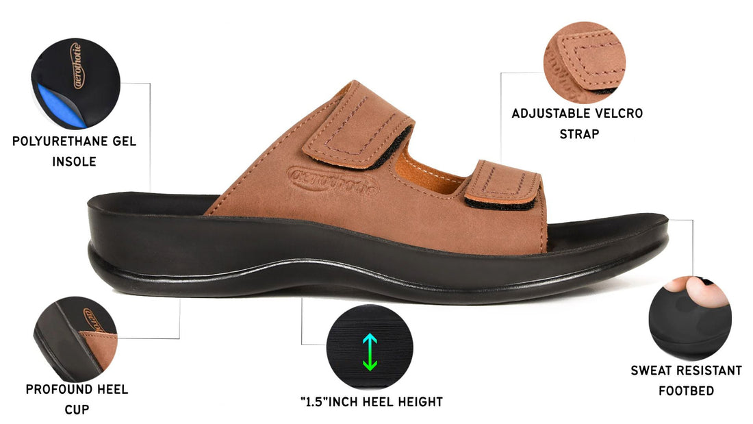 Aerothotic women's orthotic sandal featuring a deep heel cup and anatomical arch support for pain relie