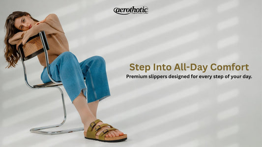 Woman wearing comfortable Aerothotic sandals with arch support for all-day comfort in Pakistan