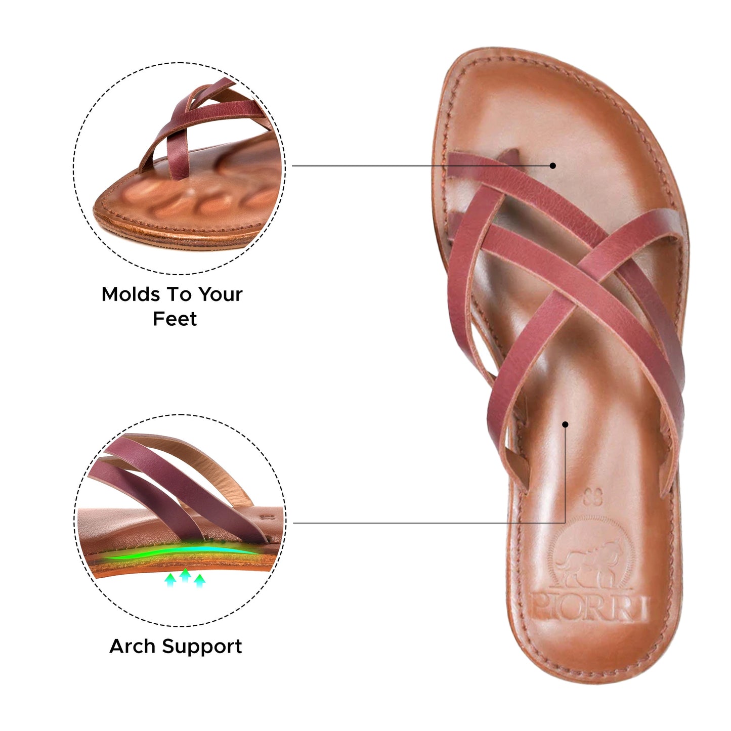 Piorri Dione Women's Leather Split Toe Strappy Slide Sandals - LK2107
