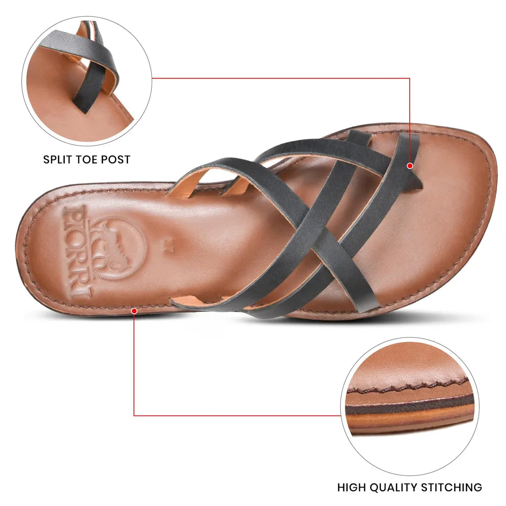 Piorri Dione Women's Leather Split Toe Strappy Slide Sandals - LK2107