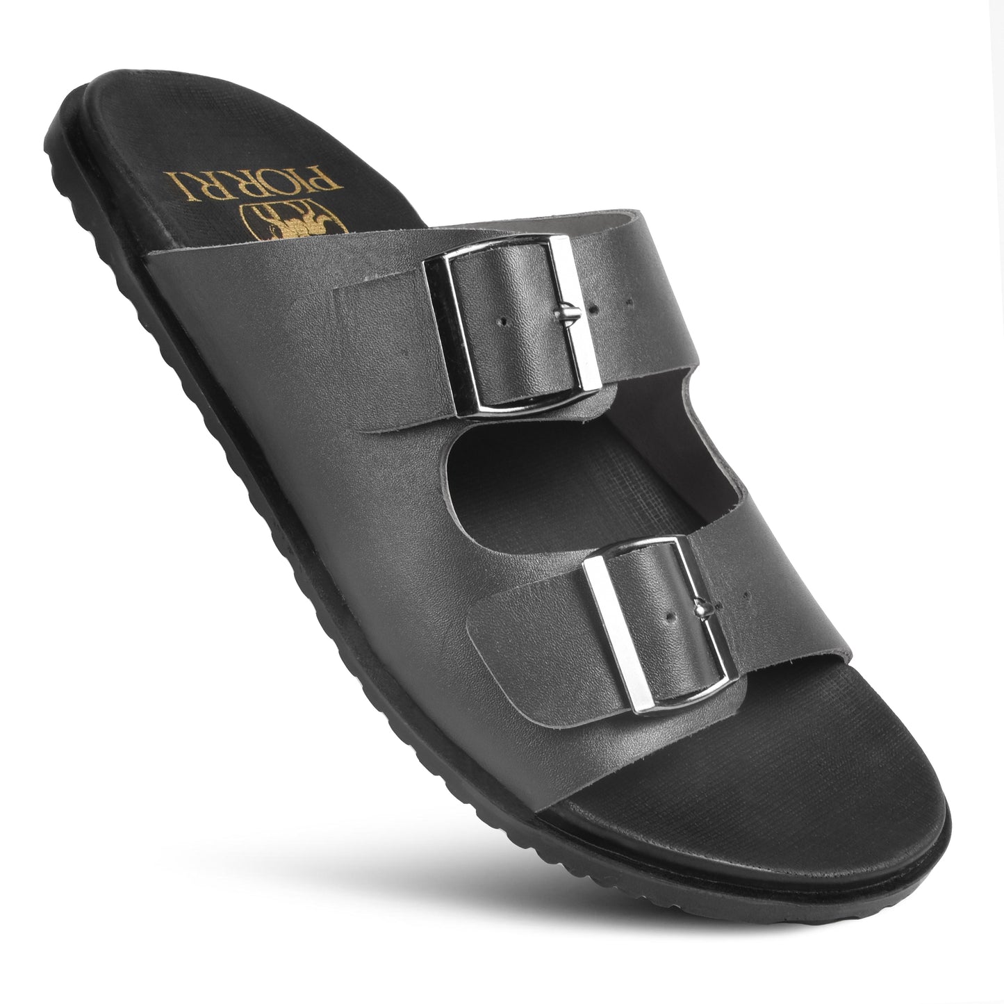 Piorri-Black-Dual-Strap-Adjustable-Leather-Slide-Sandals